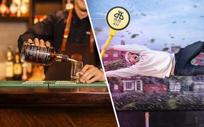 Whiskey being poured at Irish Whiskey Museum; guest experiencing wind illusion at World Of Illusions.