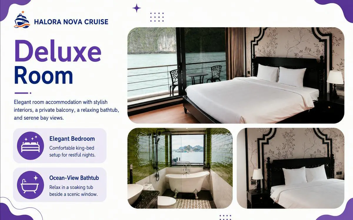 Deluxe room with king bed, private balcony, and ocean-view bathtub on Lan Ha Bay cruise.