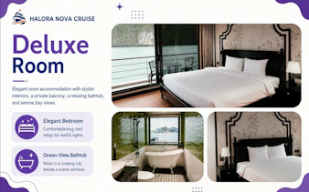 Deluxe room with king bed, private balcony, and ocean-view bathtub on Lan Ha Bay cruise.