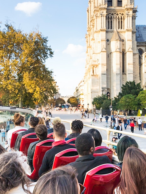 Tourists on Big Bus tour near the Pantheon in Paris.