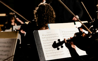 Orchestra performing classical music in Vienna concert hall.