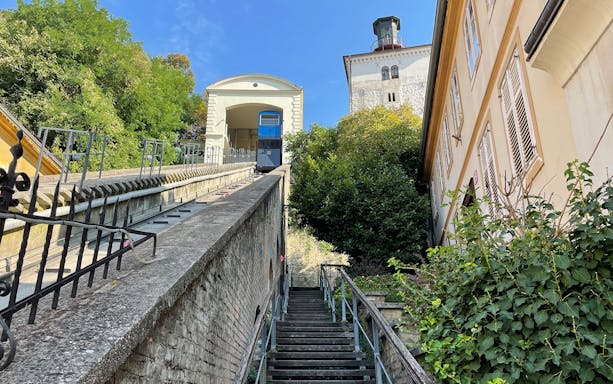 Funicular railway and stairs in Zagreb, Croatia, part of a small group guided tour.