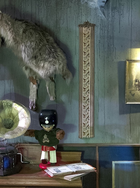 Vintage decor with taxidermy, gramophone, and toy soldier at Tivoli Gardens, Copenhagen.