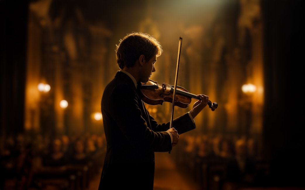 Violinist performing at St. Peter's Church with audience in background.