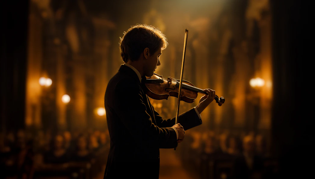 Violinist performing at St. Peter's Church with audience in background.