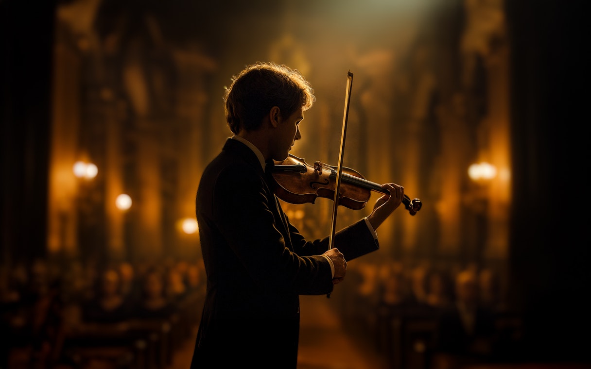 Violinist performing at St. Peter's Church with audience in background.