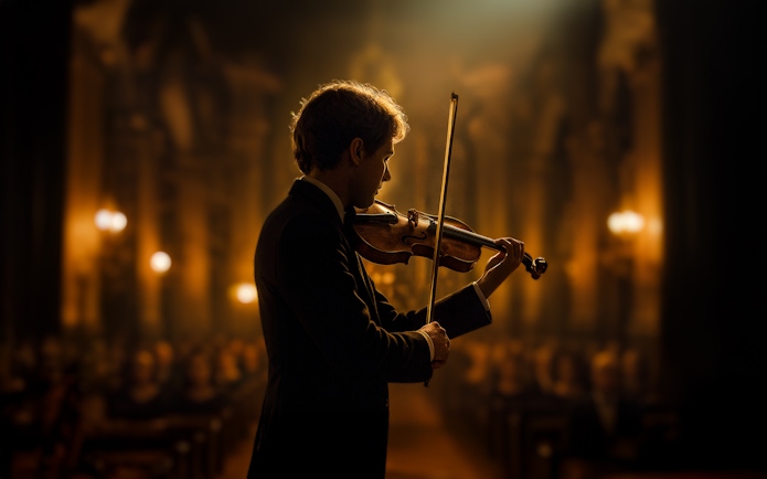 Violinist performing at St. Peter's Church with audience in background.