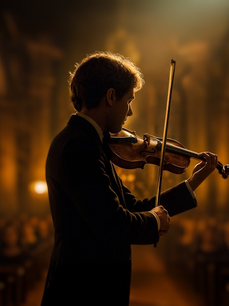 Violinist performing at St. Peter's Church with audience in background.