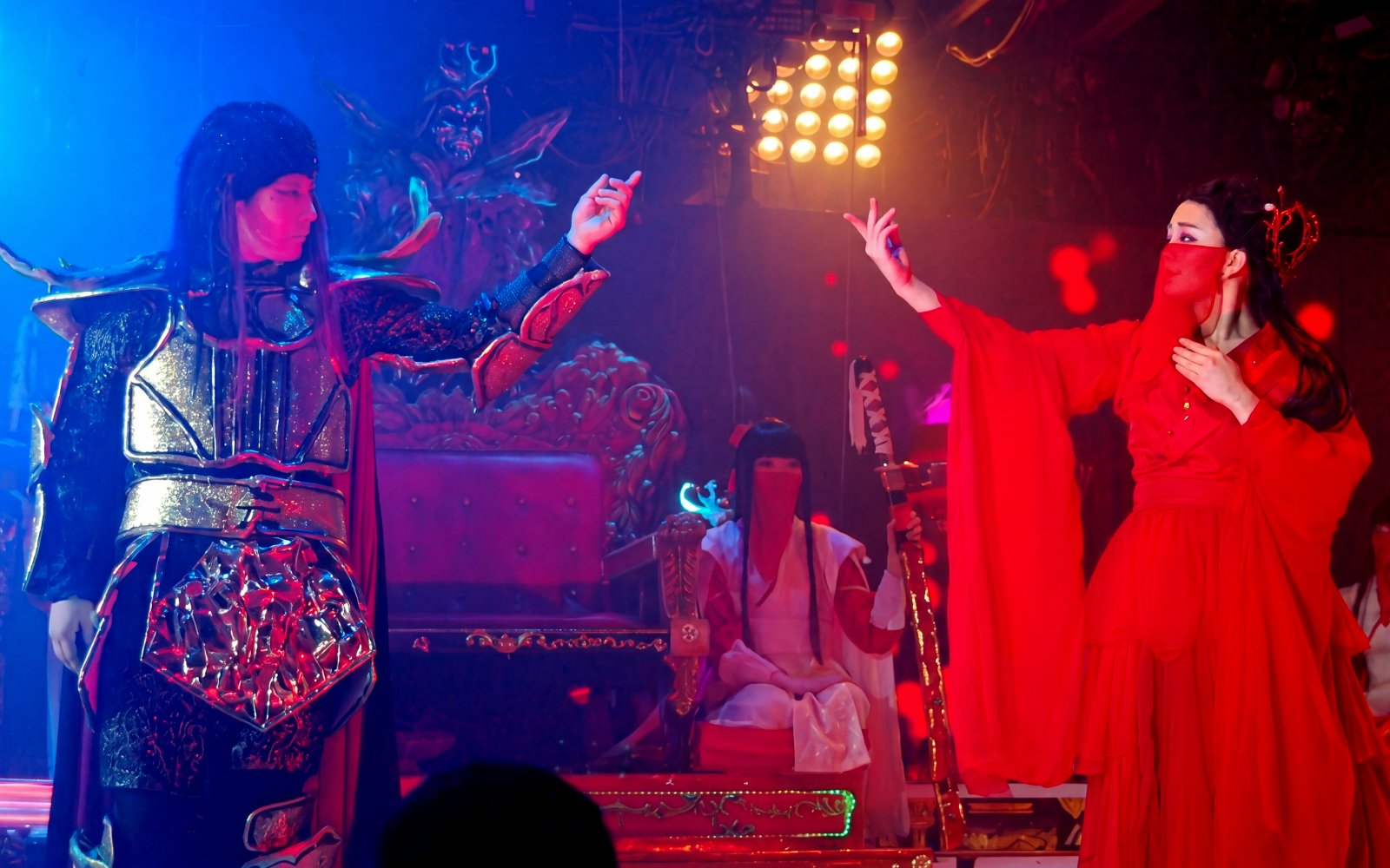 Samurai performers in traditional costumes during a show in Kabukicho, Shinjuku, Tokyo.