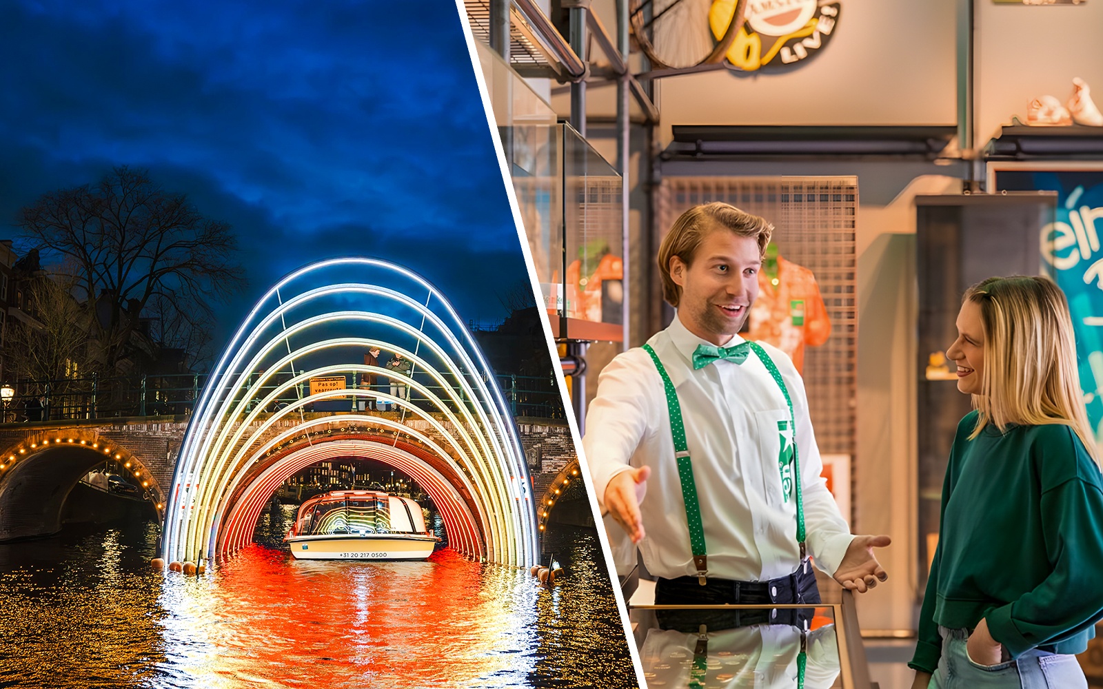 Amsterdam Light Festival canal cruise with illuminated arches at night.