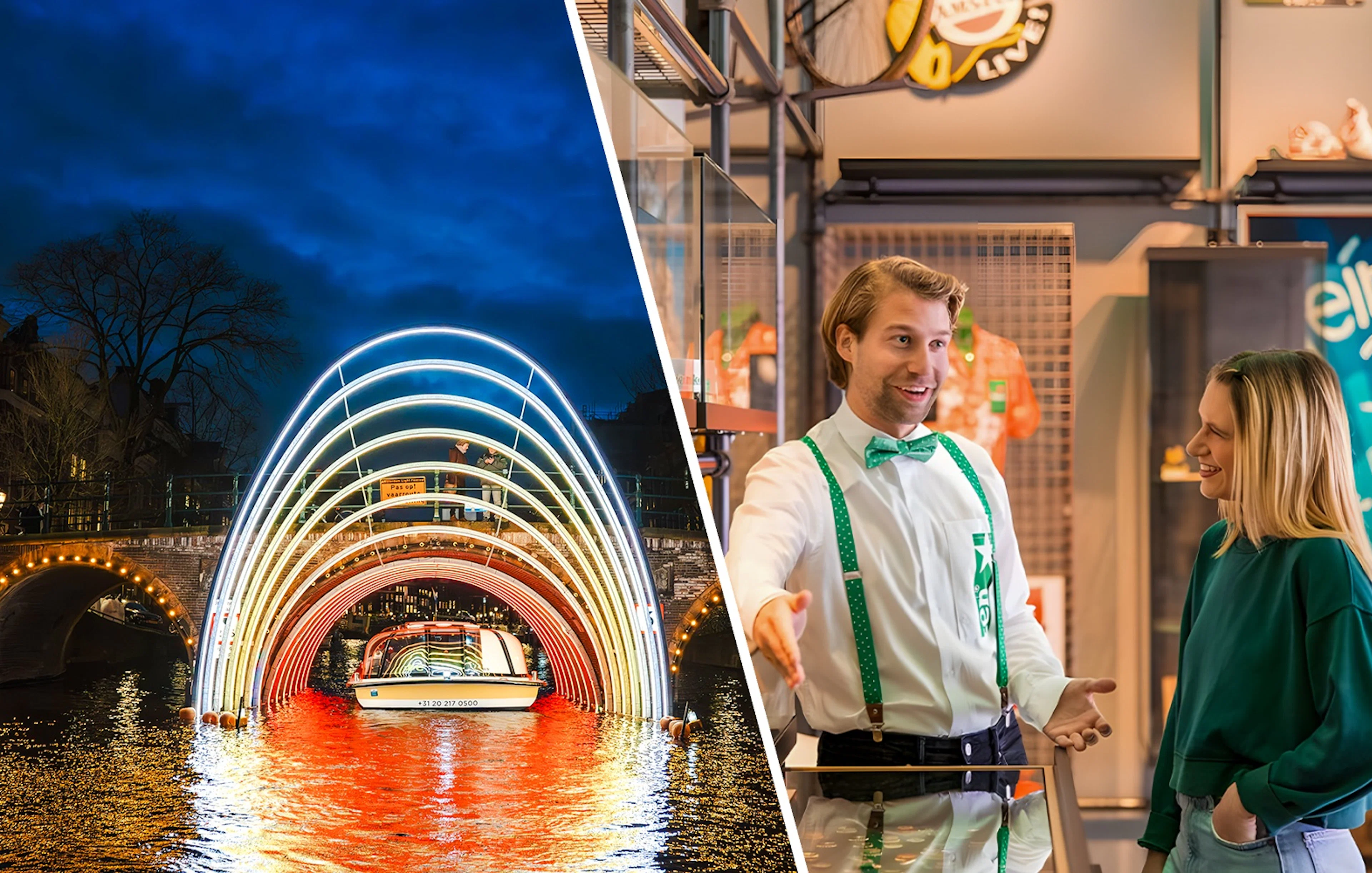 Amsterdam Light Festival canal cruise with illuminated arches at night.