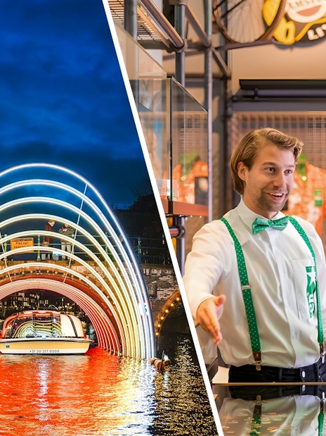 Amsterdam Light Festival canal cruise with illuminated arches at night.