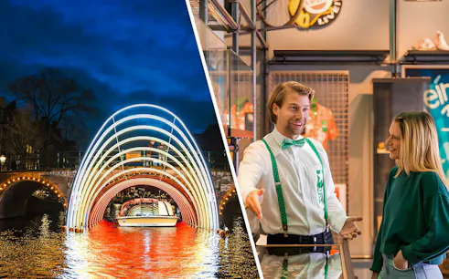 Amsterdam Light Festival canal cruise with illuminated arches at night.