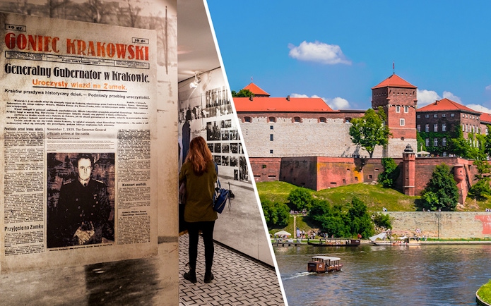 Oskar Schindler’s Factory exhibit and view of Wawel Castle by Vistula River in Krakow.