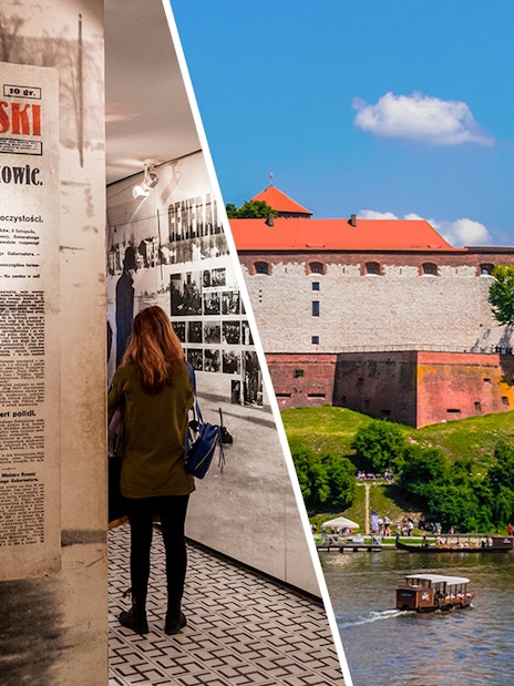 Oskar Schindler’s Factory exhibit and view of Wawel Castle by Vistula River in Krakow.