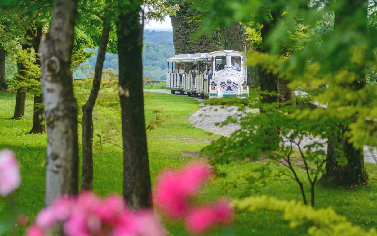 Tourist train in Parco Giardino Sigurtà, Italy, surrounded by lush greenery.