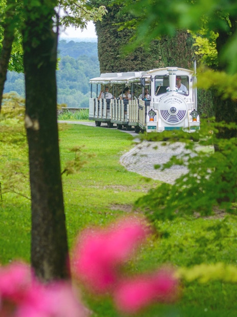 Tourist train in Parco Giardino Sigurtà, Italy, surrounded by lush greenery.