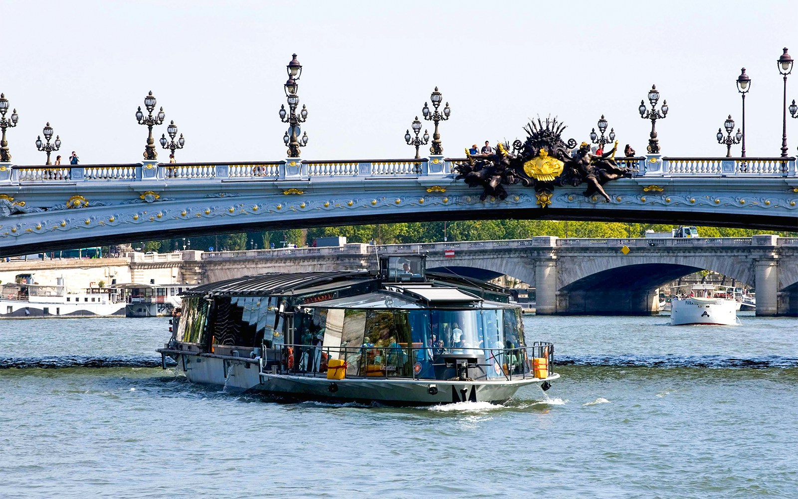 Bateaux Parisiens cruise on the Seine River under Pont Alexandre III in Paris.