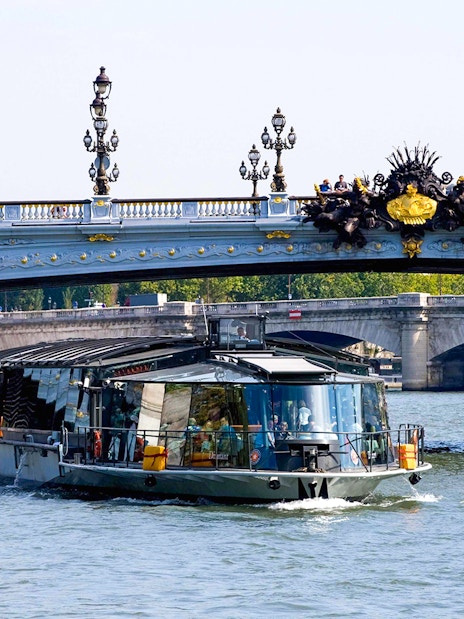 Bateaux Parisiens cruise on the Seine River under Pont Alexandre III in Paris.