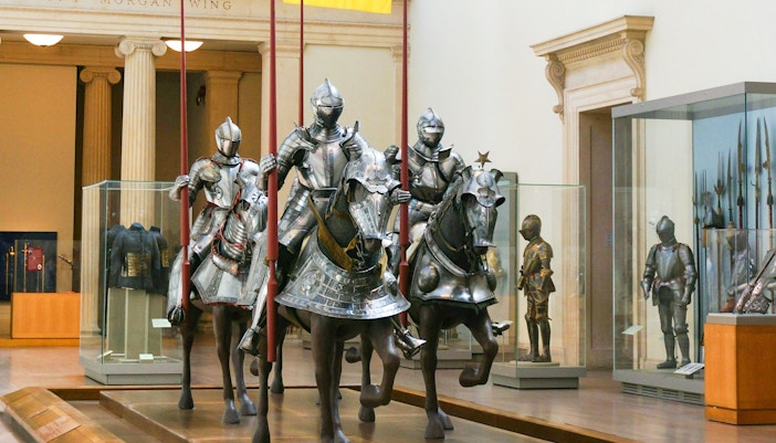 Medieval arms and armor display at the Metropolitan Museum of Art, New York City.