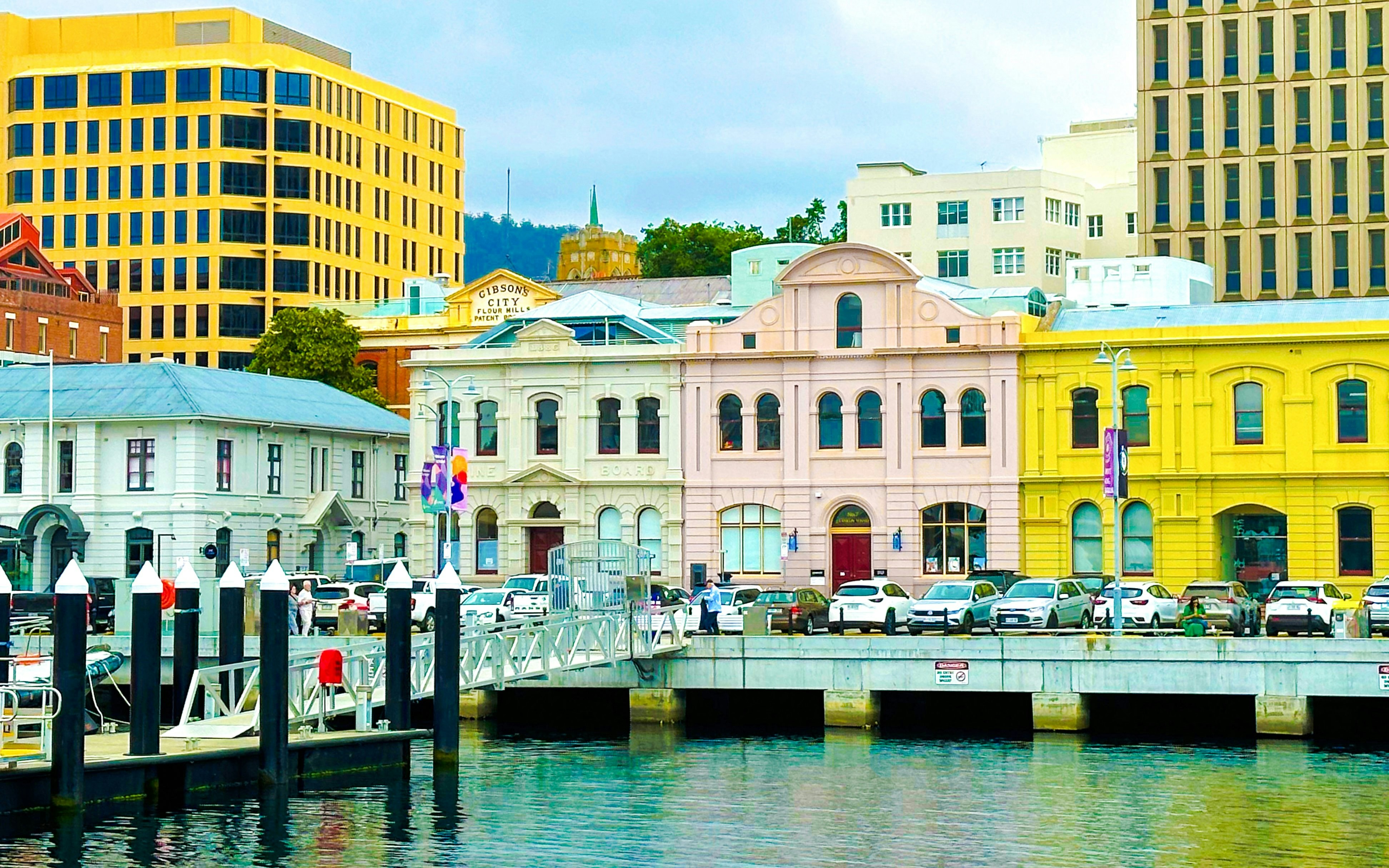 Colorful historic buildings along Wellington waterfront.