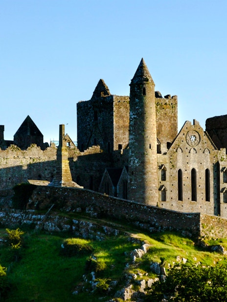 Rock of Cashel exterior with medieval stone structures in County Tipperary, Ireland.
