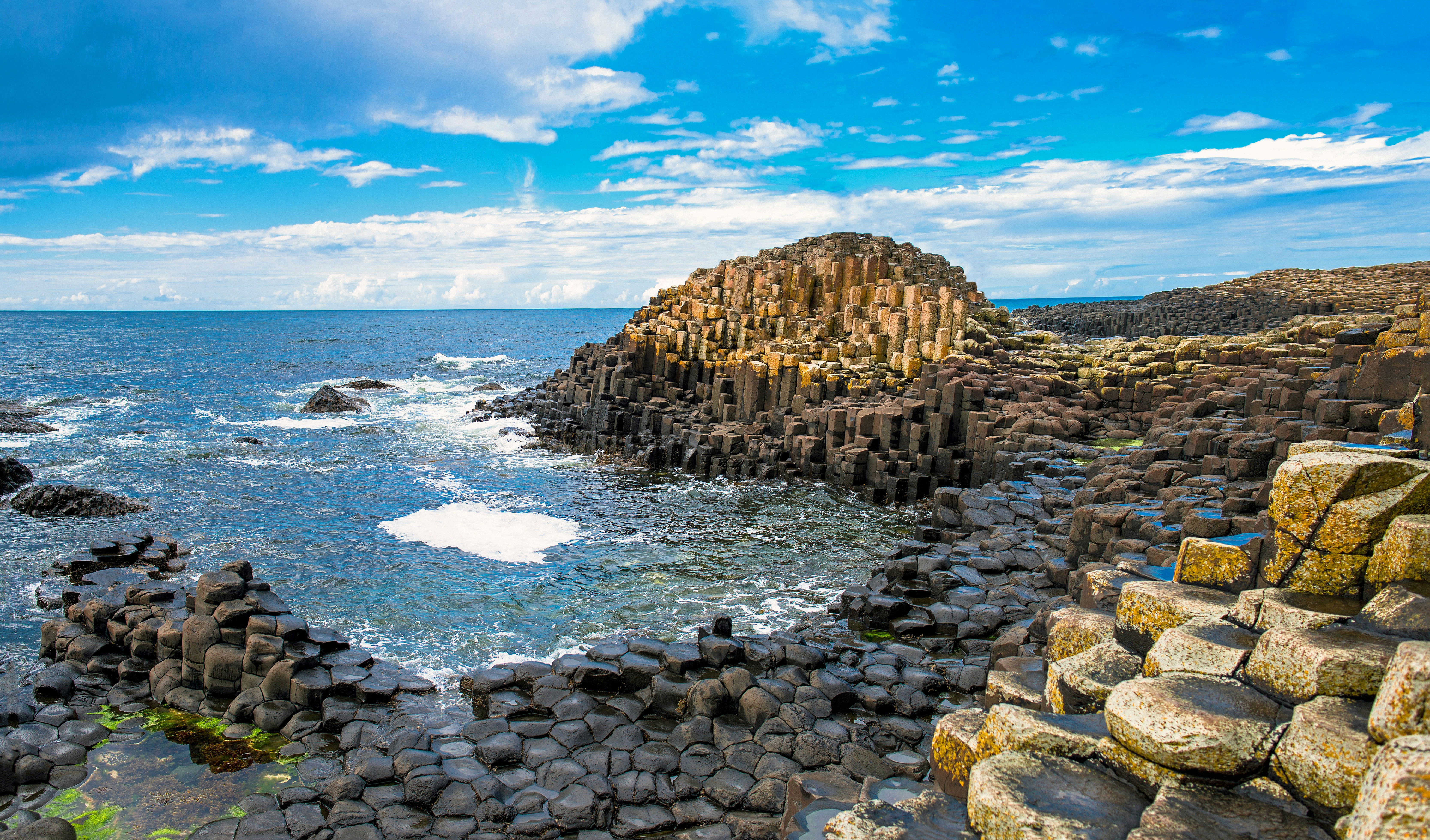 Giant's Causeway basalt columns by the sea, a UNESCO heritage site in Northern Ireland.