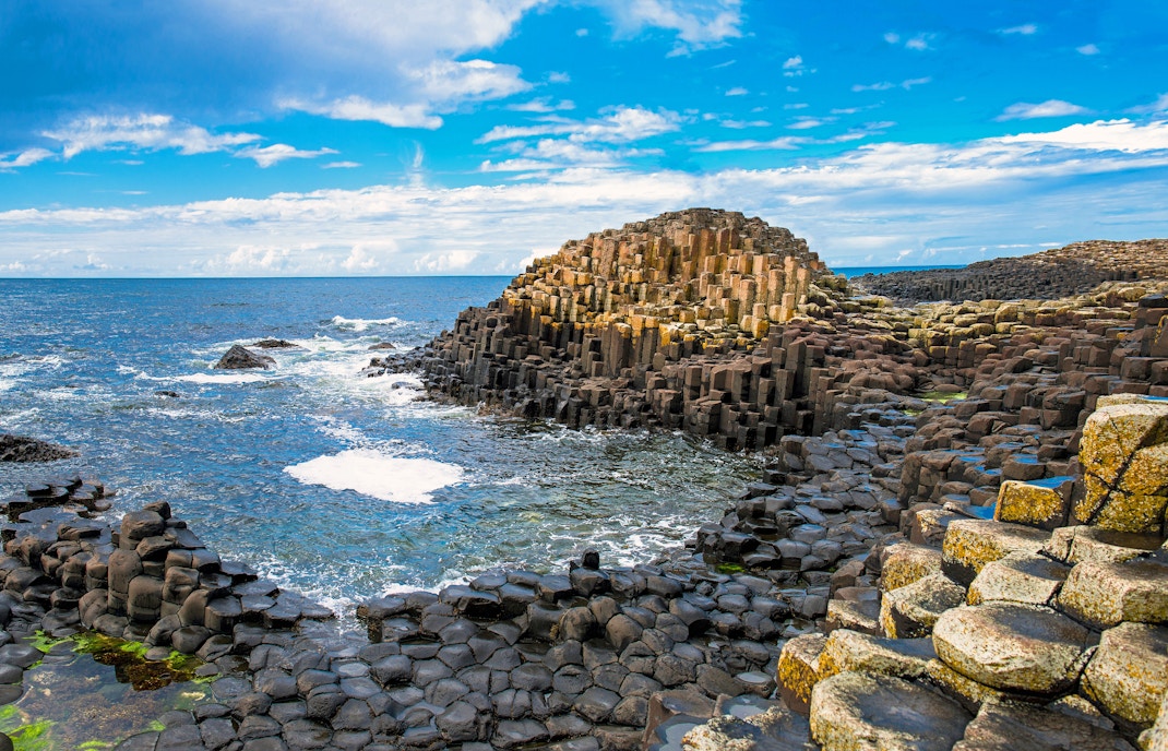 Giant's Causeway basalt columns by the sea, a UNESCO heritage site in Northern Ireland.