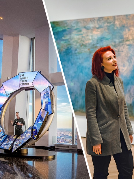 One World Observatory view and visitor at MoMA admiring art.