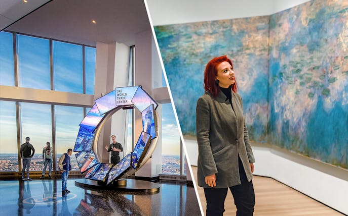 One World Observatory view and visitor at MoMA admiring art.