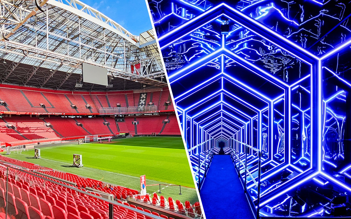 Johan Cruijff ArenA seating and AMAZE Amsterdam light tunnel.