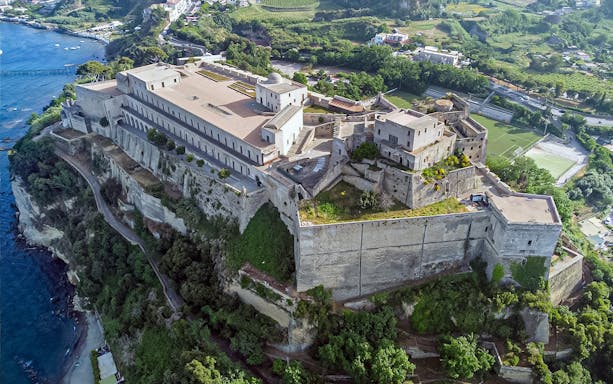 Aerial view of Baiae Castle housing the Phlegraean Fields Archaeological Museum in Italy.