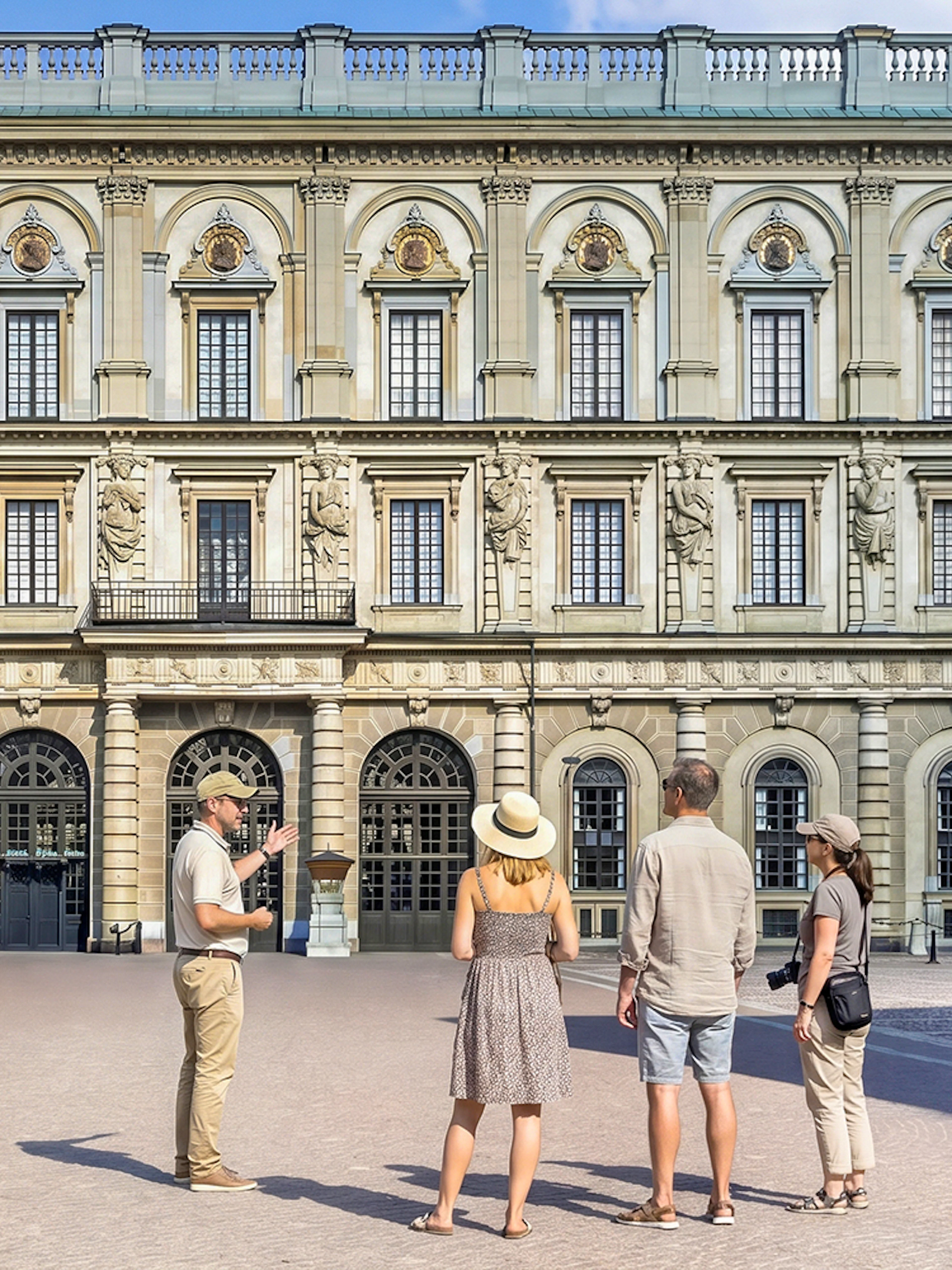Tour group in front of historic royal palace facade in Stockholm, Sweden.