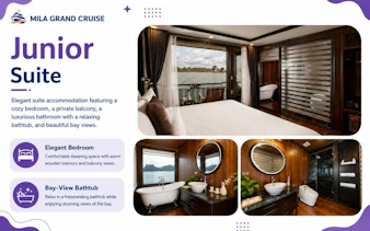 Junior suite with balcony view of Lan Ha Bay, featuring a bedroom and luxurious bathroom with bathtub.