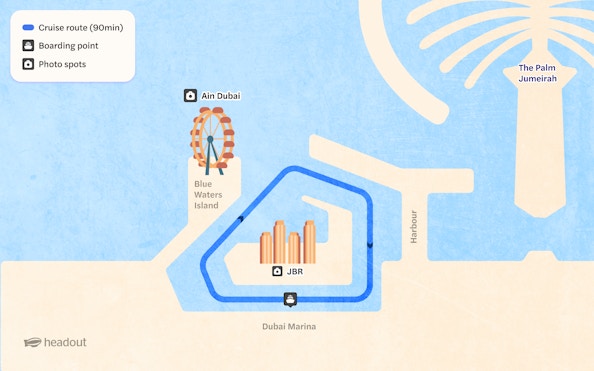 Cruise route map from Dubai Marina passing Ain Dubai and JBR, highlighting photo spots.