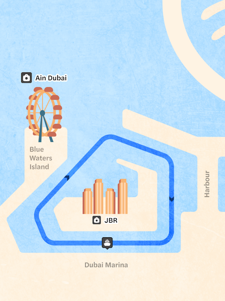 Cruise route map from Dubai Marina passing Ain Dubai and JBR, highlighting photo spots.