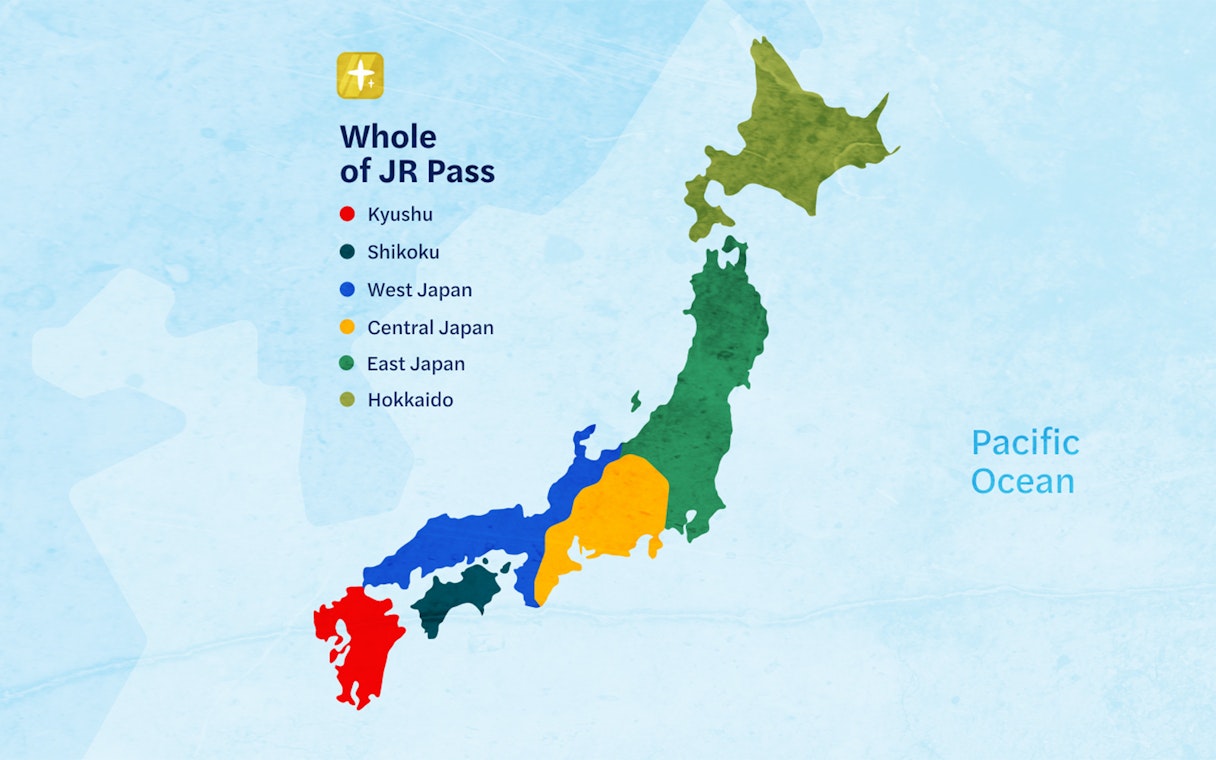 Map of Japan highlighting regions covered by JR Pass: Kyushu, Shikoku, West, Central, East, and Hokkaido.