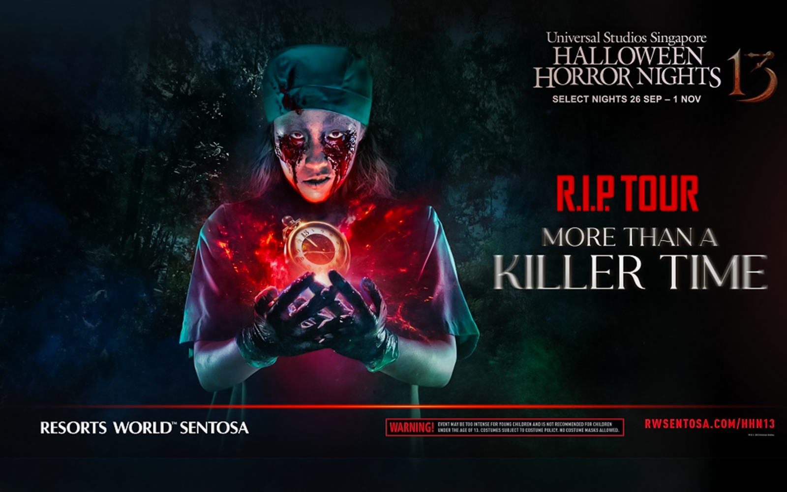 Universal Studios Singapore Halloween Horror Nights RIP Tour poster with eerie figure.