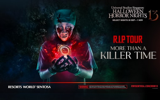 Universal Studios Singapore Halloween Horror Nights RIP Tour poster with eerie figure.