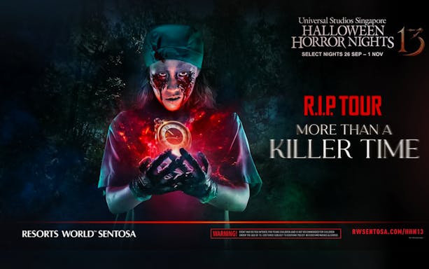 Universal Studios Singapore Halloween Horror Nights RIP Tour poster with eerie figure.