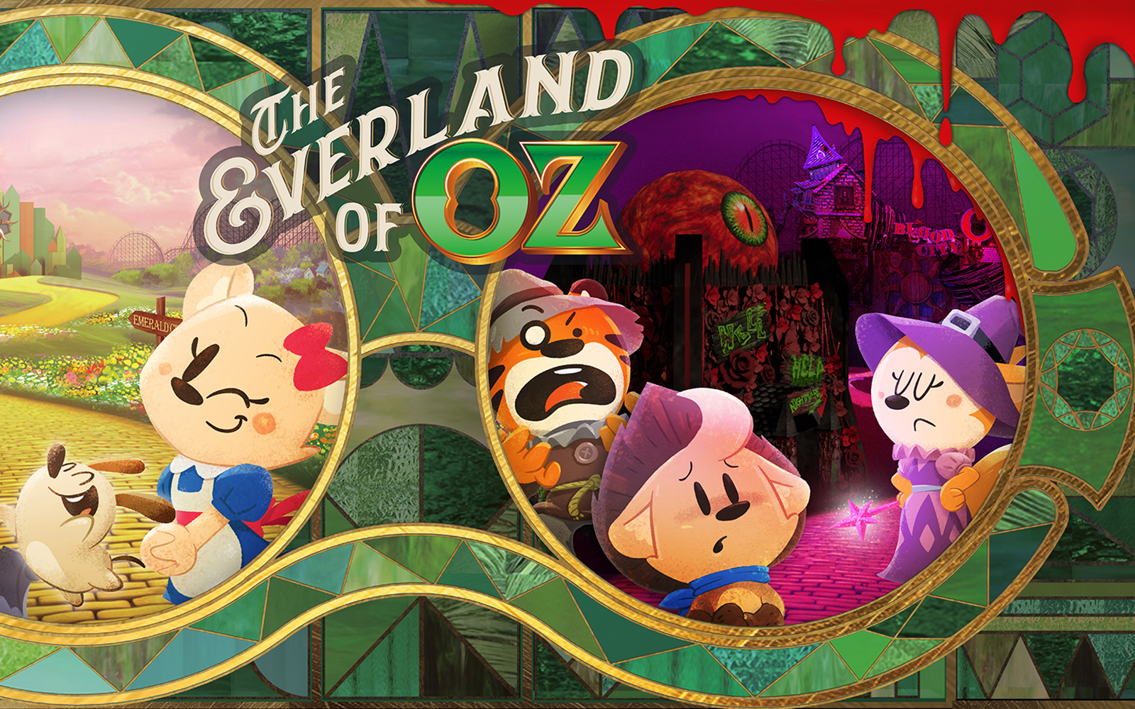 Characters on a yellow brick road and spooky forest in "The Everland of Oz" theme park.