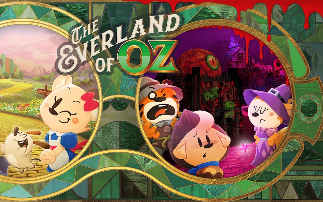 Characters on a yellow brick road and spooky forest in "The Everland of Oz" theme park.