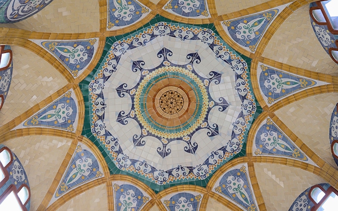 Mosaic ceiling detail at Recinto Modernista de Sant Pau, Barcelona.
