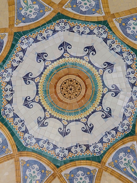 Mosaic ceiling detail at Recinto Modernista de Sant Pau, Barcelona.