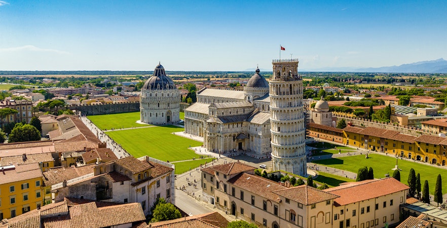 Aerial view of Pisa's Leaning Tower, Cathedral, and Baptistery in Italy.