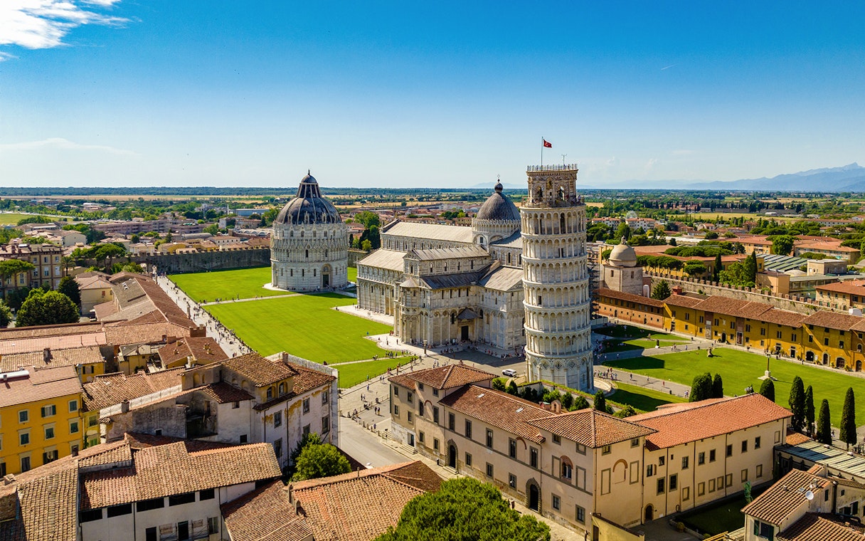Aerial view of Pisa's Leaning Tower, Cathedral, and Baptistery in Italy.