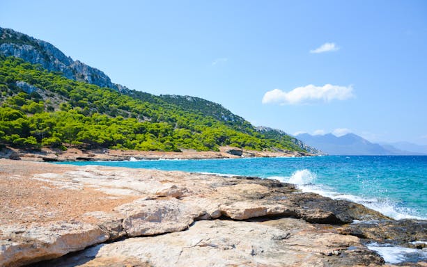 Rocky coastline with turquoise waters and lush greenery on Moni Island, Greece.