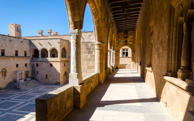 Medieval arcade corridor in the Palace of the Grand Master, Rhodes, Greece.