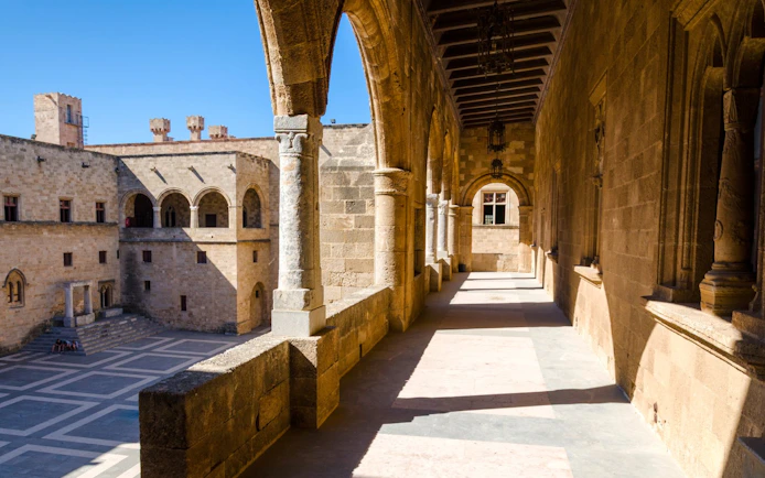 Medieval arcade corridor in the Palace of the Grand Master, Rhodes, Greece.