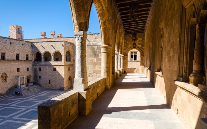Medieval arcade corridor in the Palace of the Grand Master, Rhodes, Greece.